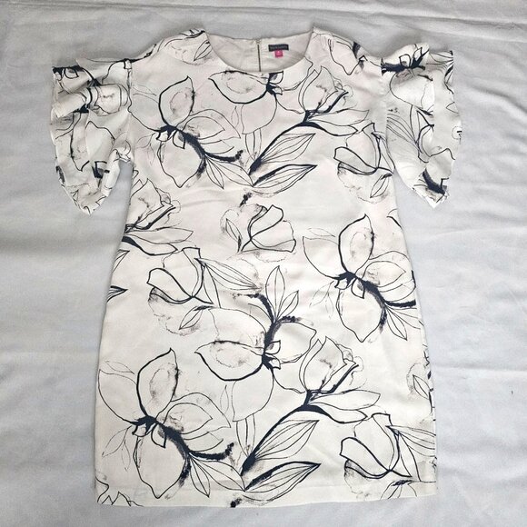 Vince Camuto White Black Floral Layered Ruffle Flutter Sleeve Mini Dress Size 16 - Picture 6 of 16